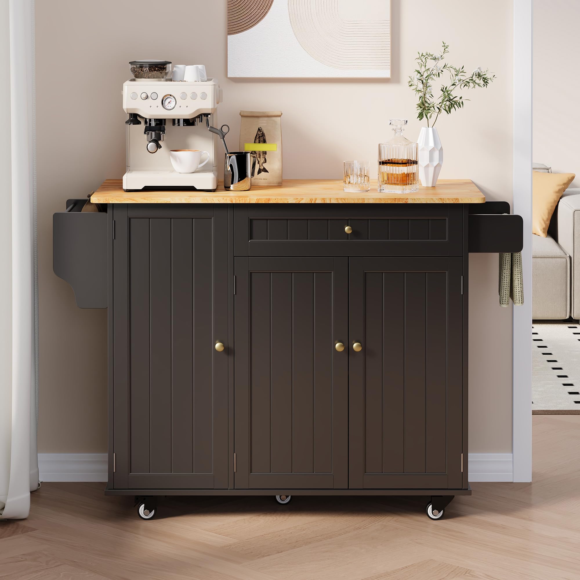 Xbro Kücheninsel mit Arbeitsplatte, Küchenwagen auf 5 Rädern mit Ablage und 1 Schublade, für Küche und Esszimmer, 130 × 75 × 88 cm, Schwarz