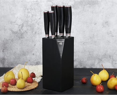 Miniatura 3 de YOUSUNLONG Juego de 5 cuchillos de cocina con soporte natural Fraxinus Americana hoja de acero de Damasco martillado japonés mango de ébano natural