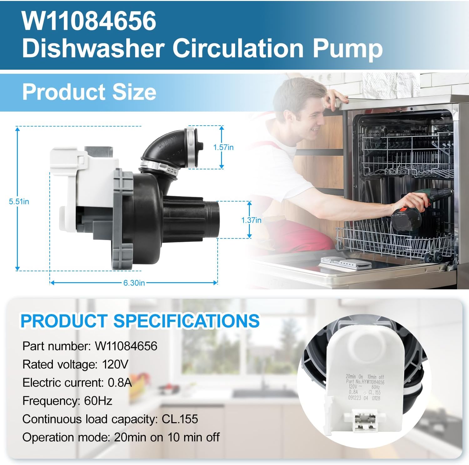 Upgraded W11084656 Dishwasher Circulation Pump W10854710 for Whirlpool Kenmore Kitchenaid WDT730PAHZ0 WDT750SAHZ0 WDTA50SAHZ0 Dishwasher Pump Motor Assembly Replacement Part W11612327 W10805387