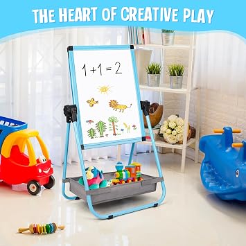Maxtek Blue Kids Easel 24 x 18 in, Double-Sided Art Board | Adjustable Whiteboard And Chalkboard, 360 Rotating Magnetic Standing Easel With Drawing Accessories For Kids 3+
