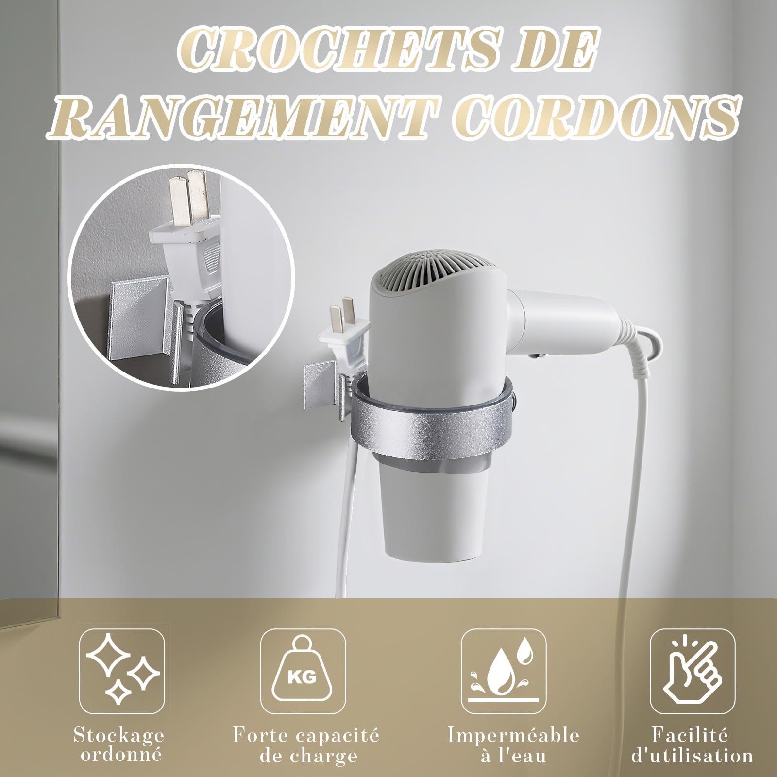 ZYNERY Porte Seche Cheveux Sans Percage, Porte Seche Cheveux