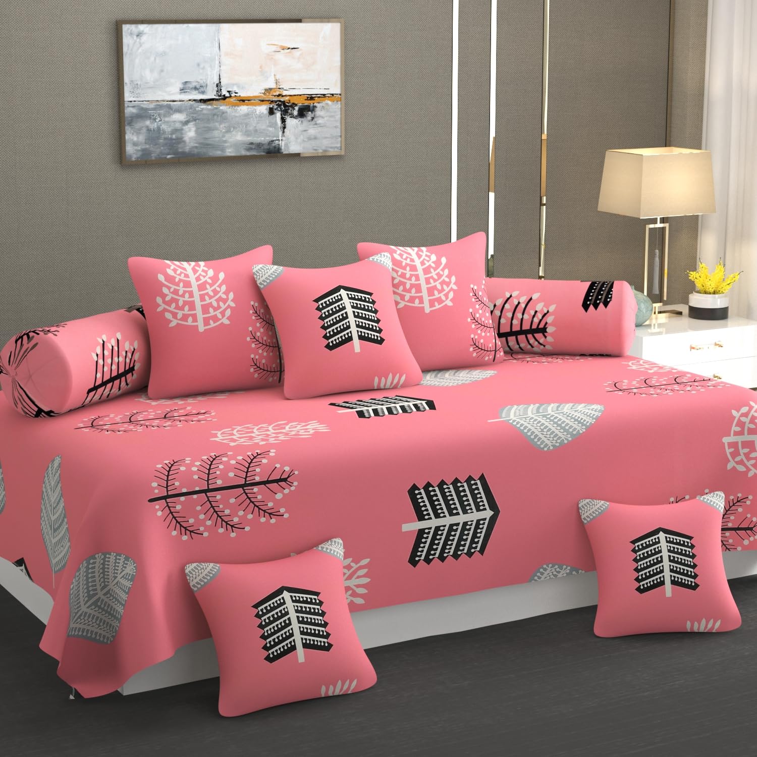 Collections Floral Printed Diwan Set Covers Cotton Grey Striped Printed 8 Pieces Diwan Set (1 Single Bedsheet, 2 Bolster Covers, 5 Cushion Covers) (Blue - Pink Flower)-image-48