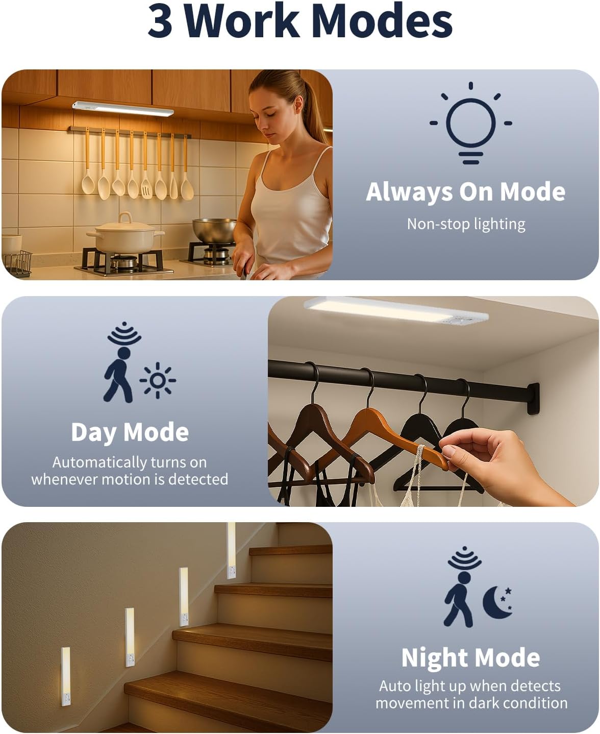 Under Cabinet Lighting, 12 Inch Motion Sensor Light Indoor, 1800mAh USB Rechargeable Closet Light, 3 Color Temperature Operable LED Lights, Can Be Used for Wardrobes, Cabinets, Stairs (3 Pack)
