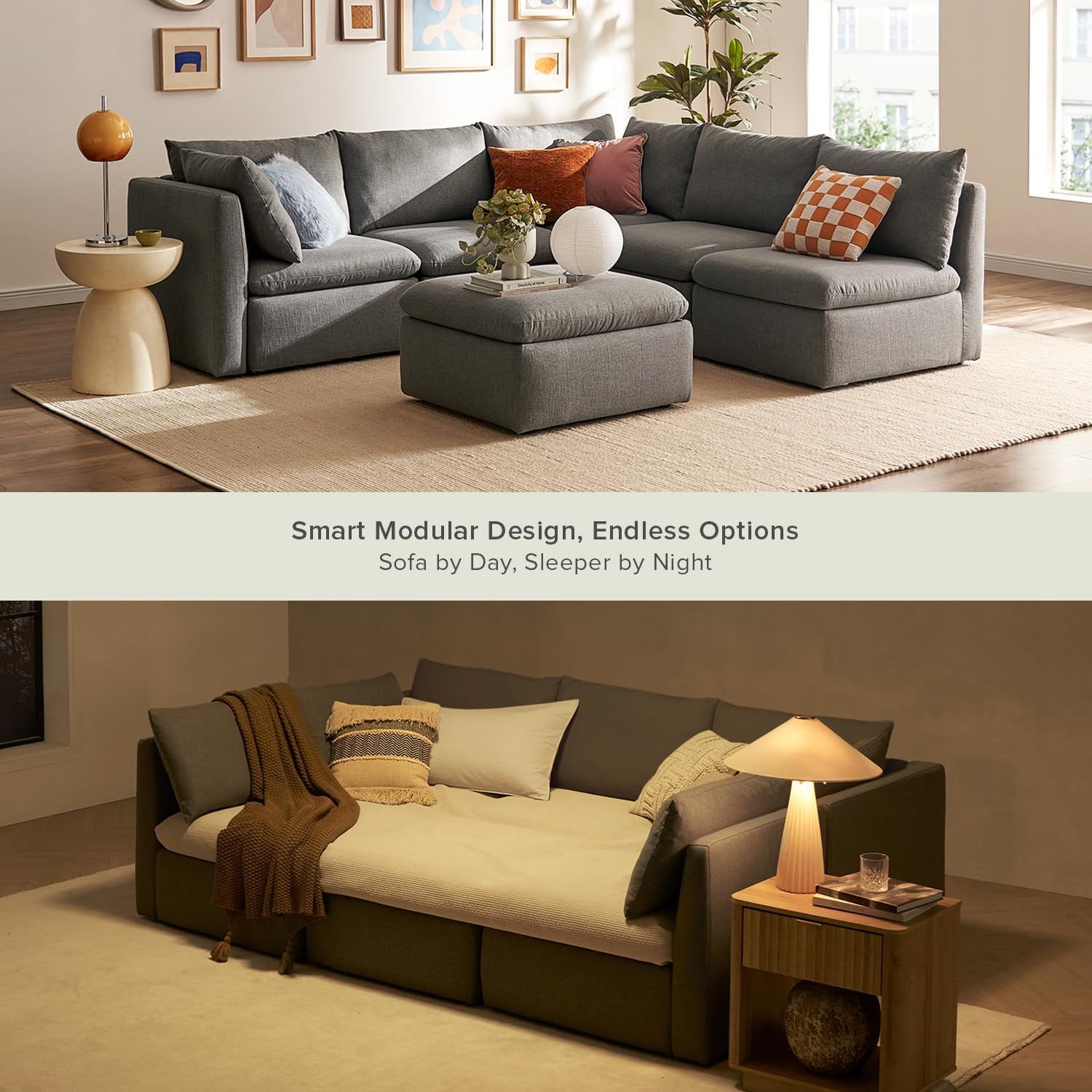 mopio Oversized Modular Sectional Sofa with Fully Removable Covers and Storage, Convertible U, L-Shaped and Sleeper Sectional, Modern Couches with Ottoman Chaise (Stone Gray Fabric, 6 Seats, Sleeper)