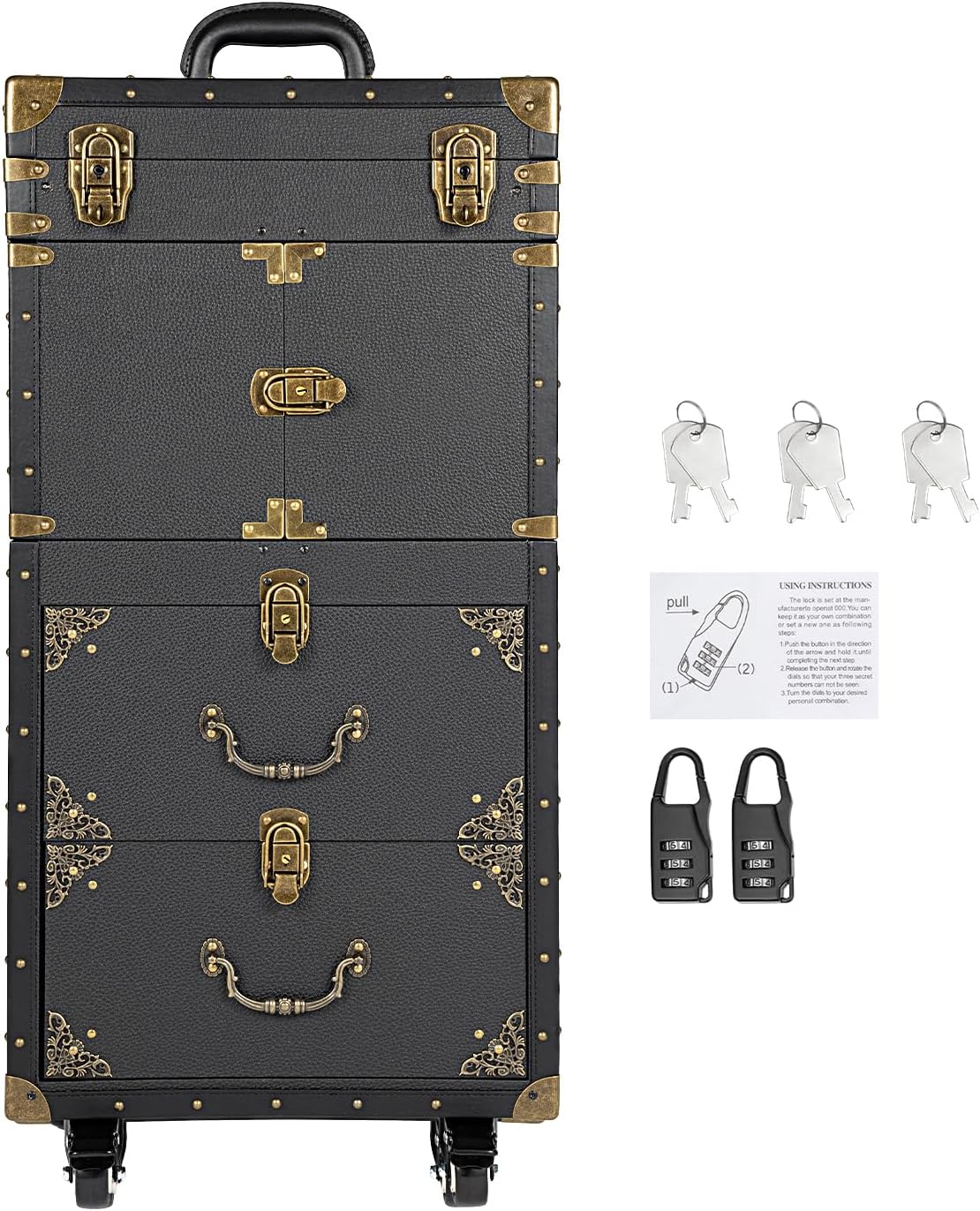 Rolling Lockable Makeup Train Case, Cosmetology Case on Wheels Hairstylist Traveling Bag with Hairdryer Holder, Salon Storage Toolbox with Carry Handle and Trolley, 15.15*10*31.7in(Black)