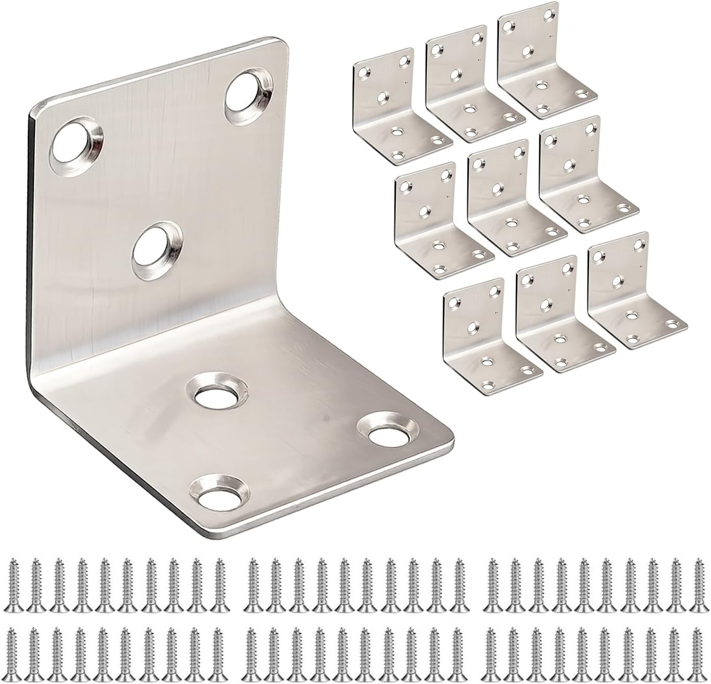10 x Corner Brackets (40 x 40 x 40) Angle Metal Braces Wood Timber Joining Fixing L Repair Furniture Stainless Steel Silver Connector