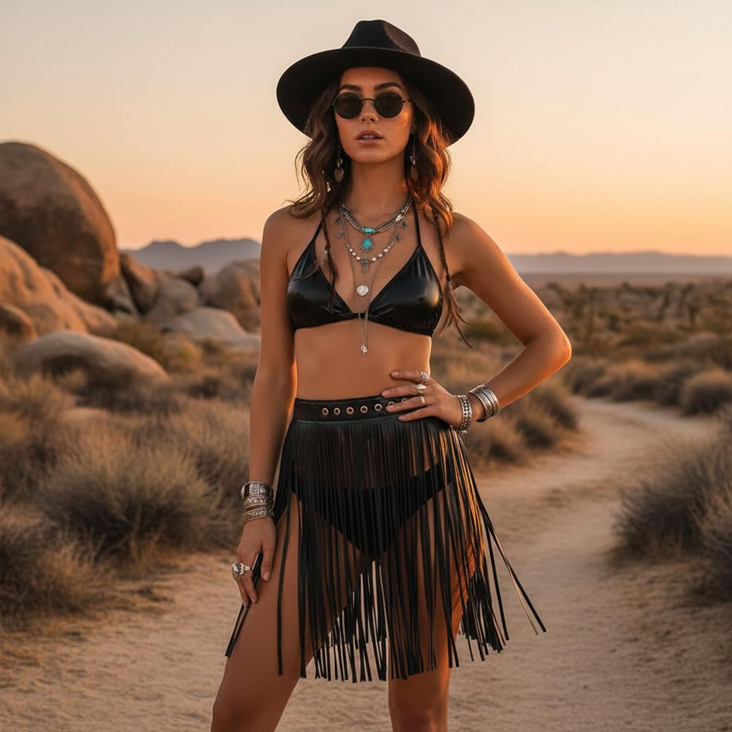 Hercicy 4PCS Women Western Cowgirl Outfit Set, Fringe Skirt with Bikini Top, Cowboy Hat and Sunglasses, Country Concert Rodeo Festival Costume for Women Black