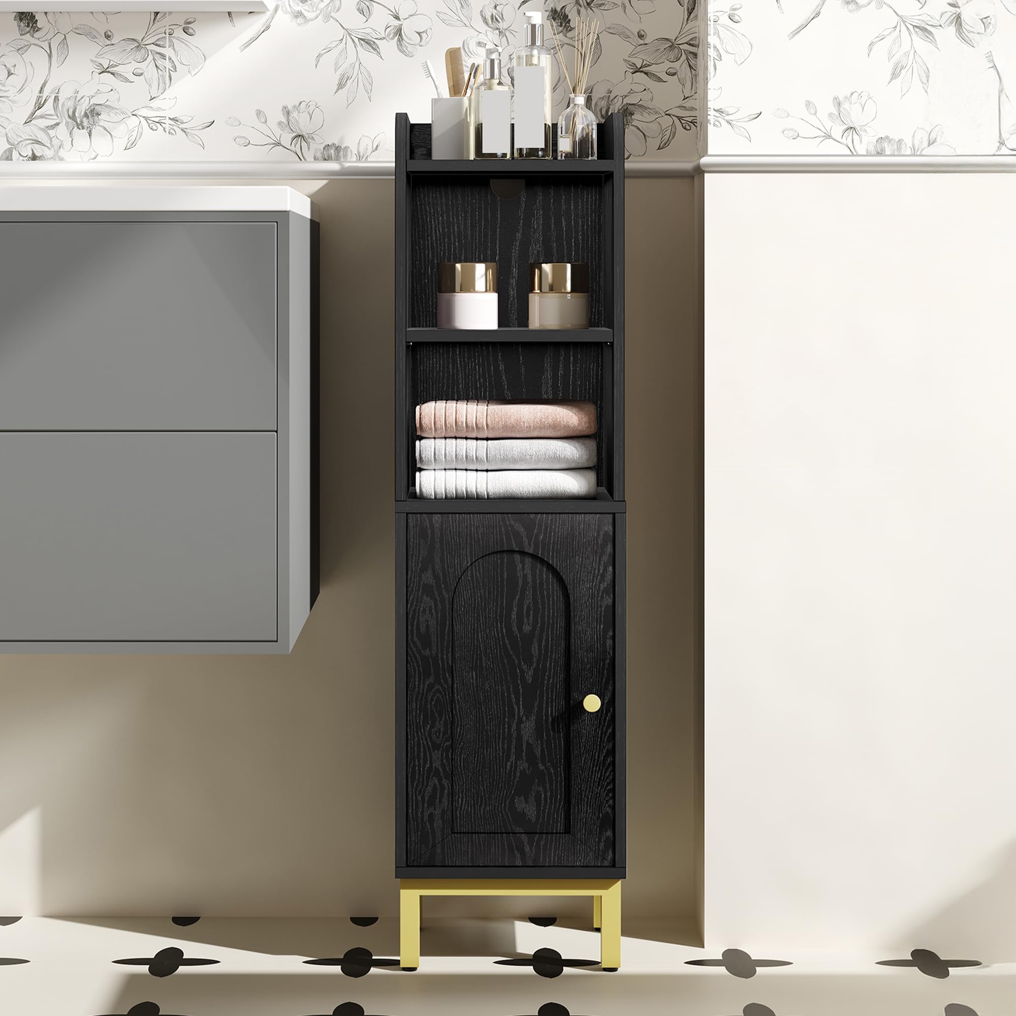 Hzuaneri Bathroom Storage Cabinet, Small Corner Floor Cabinet with Door and Shelves, Narrow Toilet Paper Holder, Bathroom Organizer with Adjustable Shelf, for Small Spaces, Black BC38204GV1