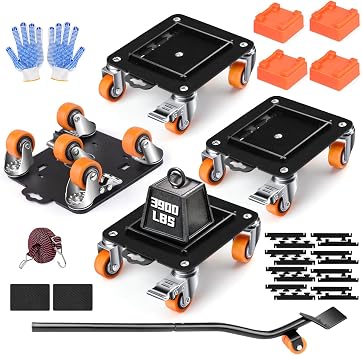 Furniture Dolly 5 Wheels Heavy Duty with Removable Side Guards 3900Lbs Capacity 360Rotating Wheels Side Brake 5 Rollers Casters Cart Furniture Movers Lifter Tool for Sofas Beds Appliances Safe