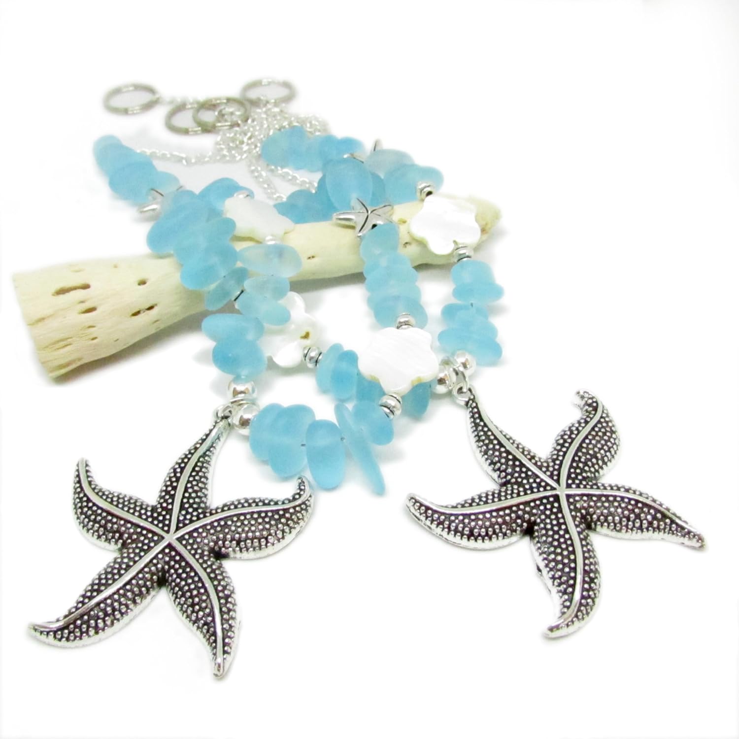 Starfish Curtain Tie Backs with Ocean Blue Sea Glass Beads, Coastal Home Decor, Beach Window Decorations