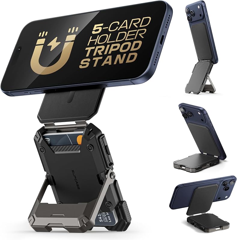 for MagSafe Wallet with Adjustable Stand, Hold 5 Cards, Black | RFID Blocking, Strong Magnetic Lock, Magnetic Wallet for Men, Phone Card Holder Tripod for iPhone 17/16/15/14/13/12 Series