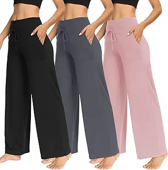 TNNZEET 3 Pack Women's Wide Leg Pants with Pockets - Casual Loose Yoga Trouser Pants Sweatpants Palazzo Lounge Pajama Pants