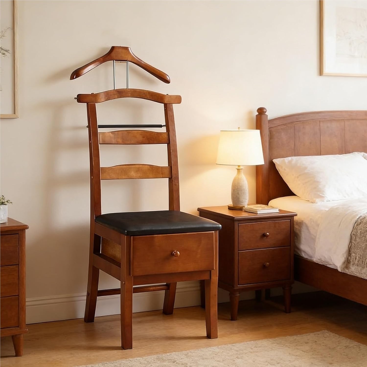 Brown Chair Valet With Drawer,Wooden Suit Valet Stand With Contour Hanger&Trouser Bar-Freestanding Organizer For Men & Women’s Clothes,Watches&Keys|Ideal For Office,Bedroom & Closet