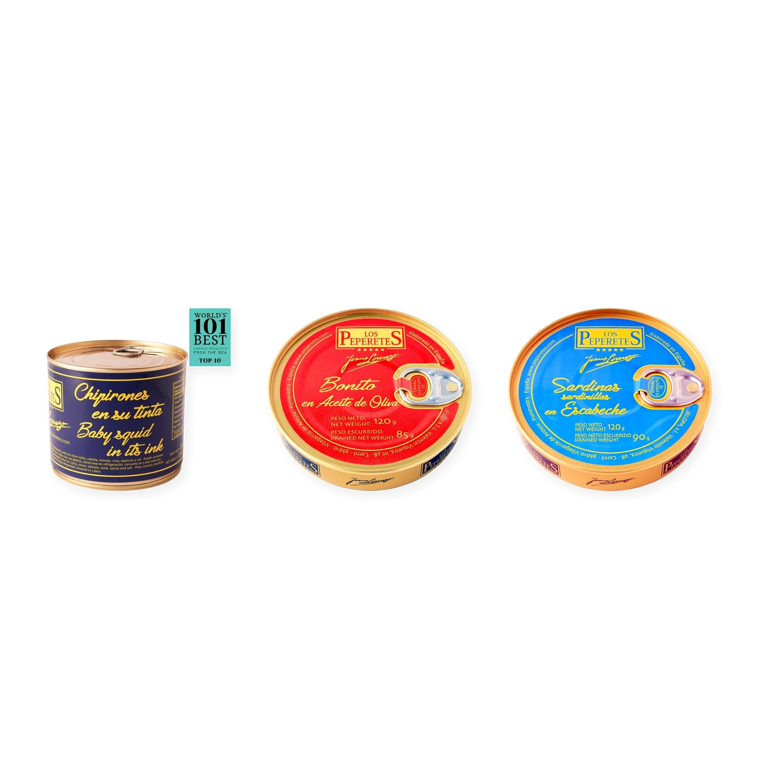los peperetes conservas Chipirones Tinta 460g, Bonito Aceite Oliva y Sardinillas Escabeche pack 3 latas