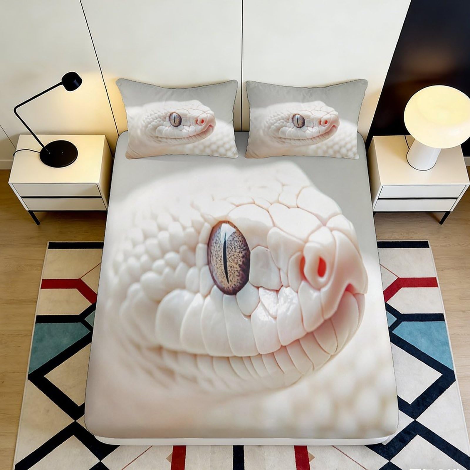 3D Printed White Snake Fitted Sheet Microfiber Soft Breathable Reptile Pattern Bed Cover for Bedroom Dormitory Guest Room Mattress Protection 160x200x25cm