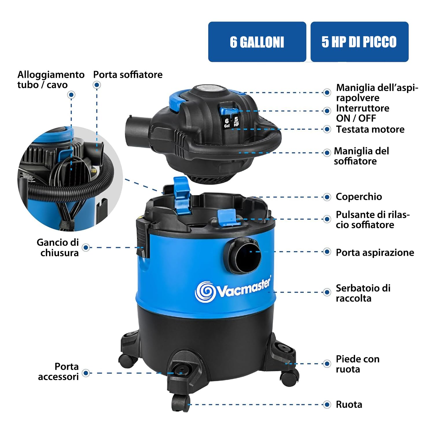 Vacmaster VBVB1223PF Secco e bagnato, Aspirapolvere liquidi e Solidi,1200W 23L,Soffiatore Estraibile,per Casa, Auto e Giardino