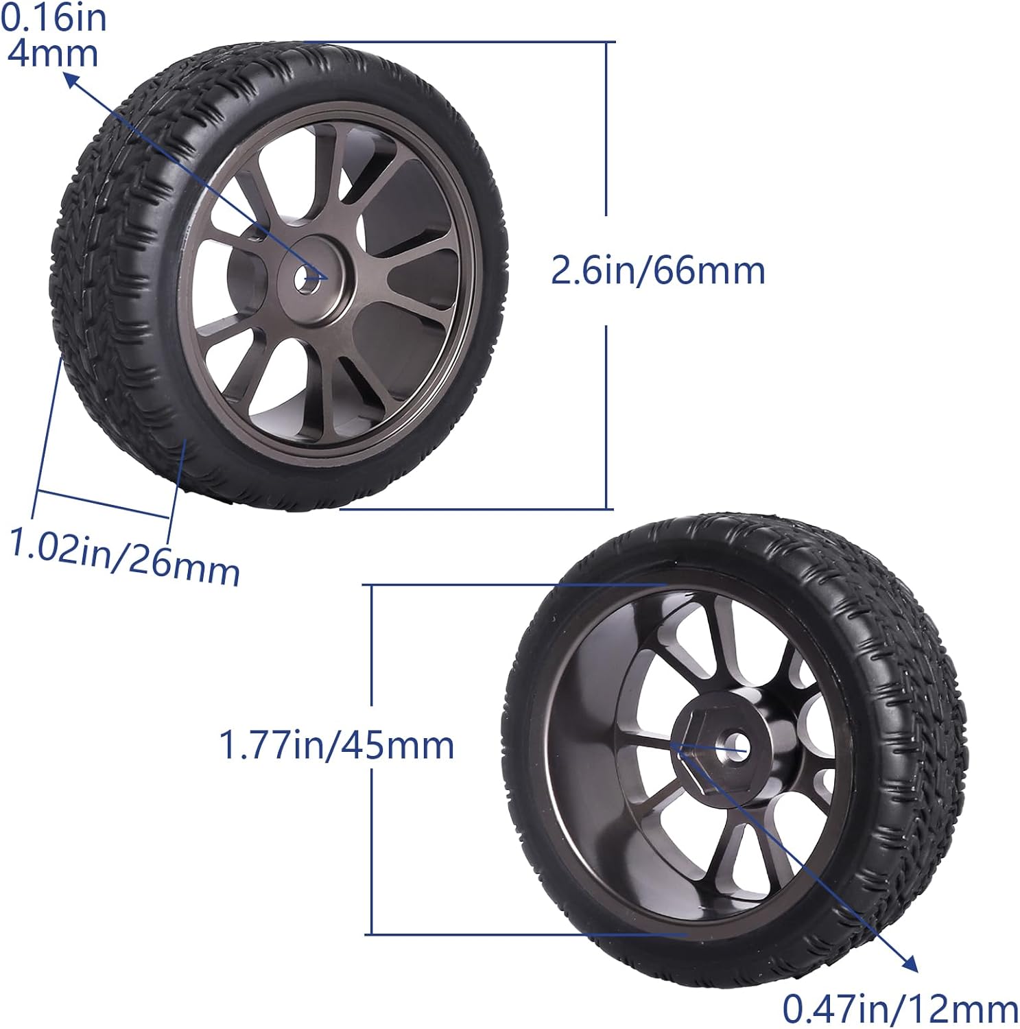 GoHooby 2.55in Rubber Tires&12mm Hex Wheel Rims Pre-Mounted Set, Compatible with Traxxas Tamiya 1/10 RC On-Road Touring Car (Color 1)