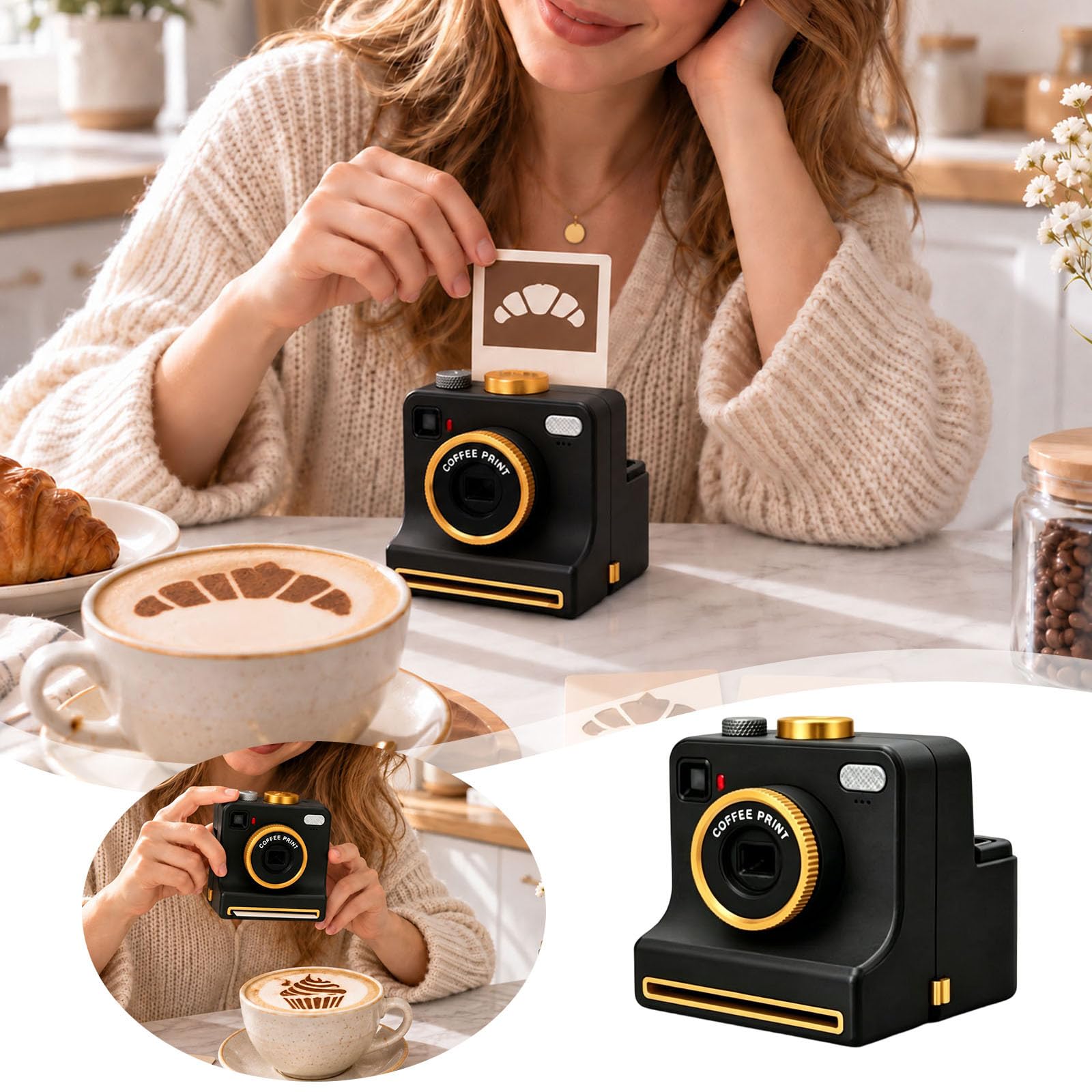 Generisch 3D gedruckte Latte Art Kamera, Kaffeepulver-Streuer，Schwarz A