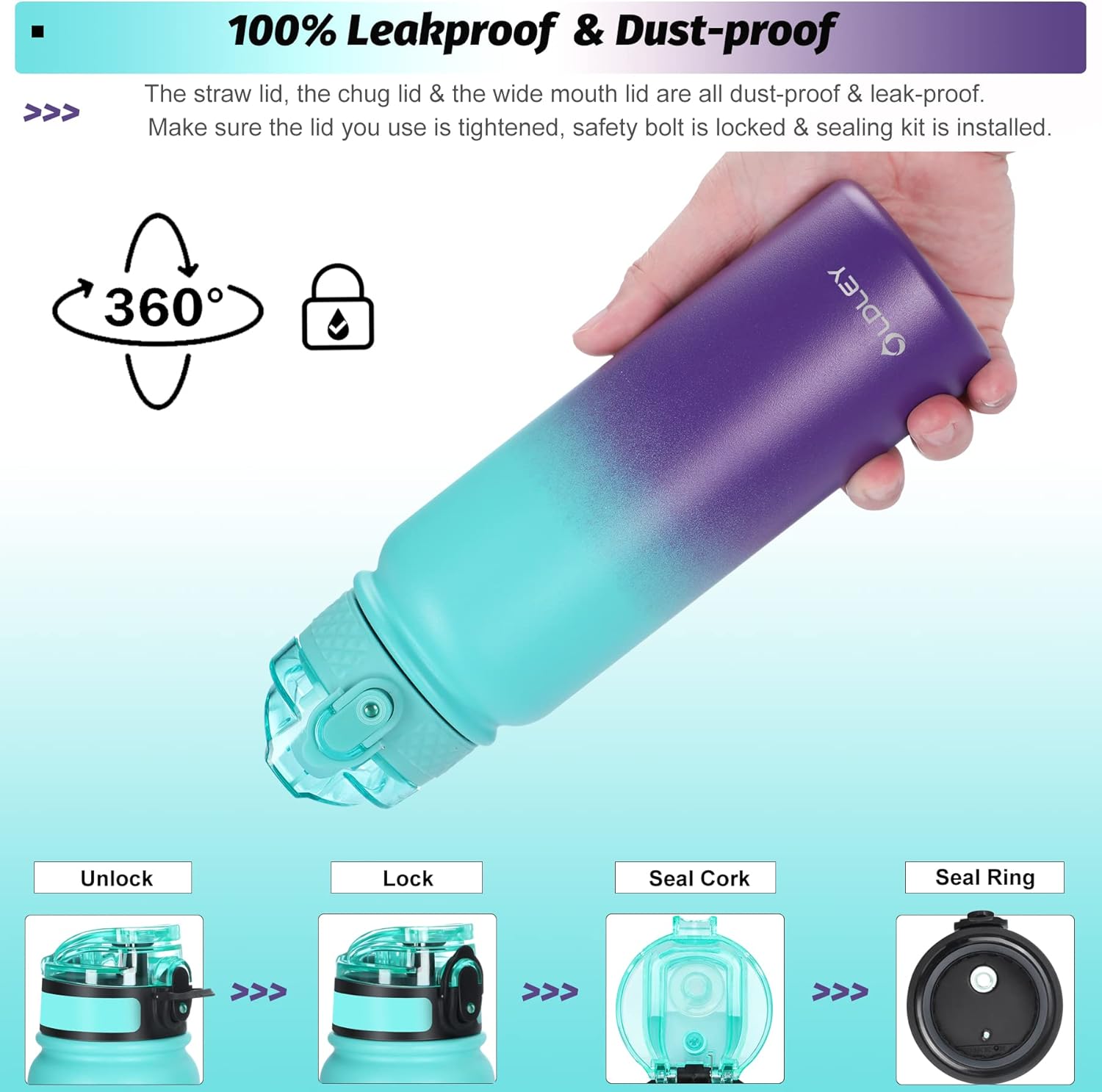 Oldley Insulated Water Bottle with Straw 20oz Stainless Steel Water Bottles with 3 lids Double-Wall Vacuum Thermal for Kids Adults School Sports, A-Green-purple - Image 6