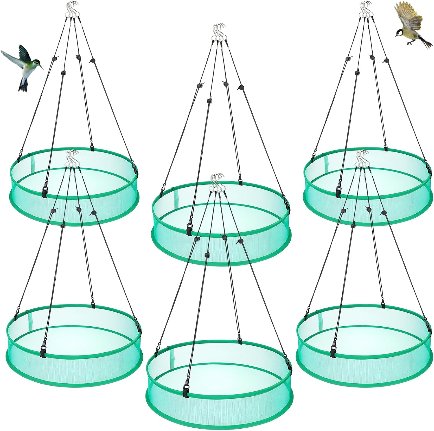 6 Pcs Bird Seed Catcher Trays for Outdoor Feeders, 20" Diameter x 4" High, Green Hanging Spill Guard Platform for Bird Feeder, Mesh Tray for Garden Lawn Protection