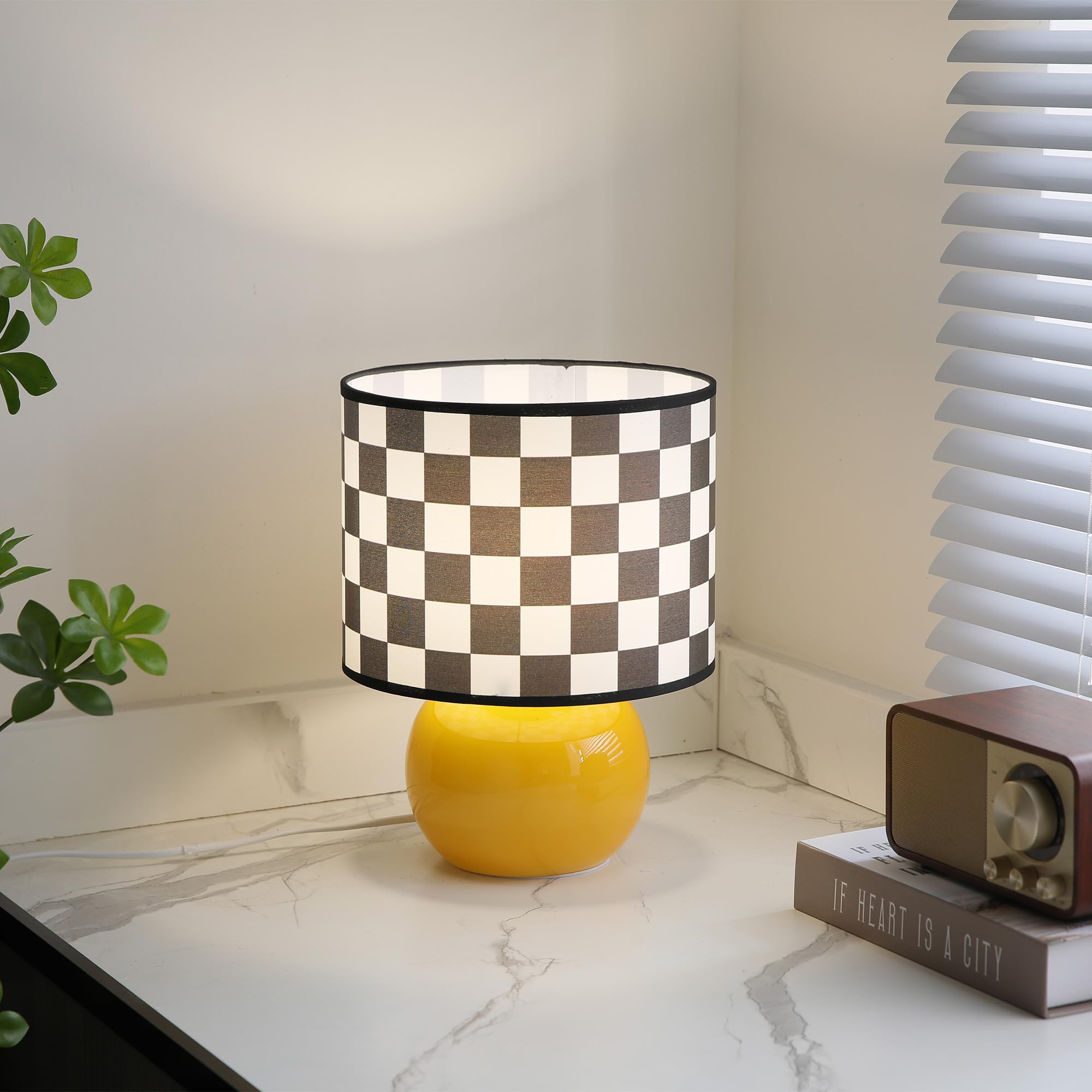 Kuber Industries Aesthetic & Modern Bedroom Lamp for Side Table | Office & Desk Table Lamp for Living Room and Home Decor with Fabric Chess Frame & Glass Base | Chess - Multicolor-WH004