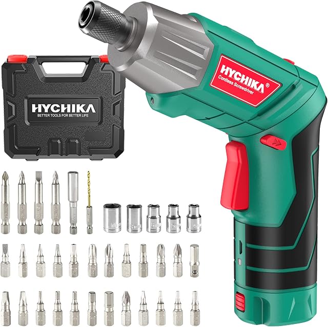 Wkrętarka akumulatorowa, 6 N·m maks. moment obrotowy HYCHIKA 2000 mAh 3,6 V akumulator litowo-jonowy z 36 akcesoriami, LED i latarka, klucz zapadkowy,