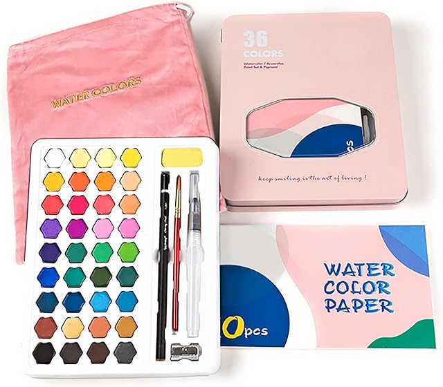 Watercolour Paint Set 36 Vibrant Colour Paints Water Brush Pen Paint Brush Pencil 10 Watercolour Paper Sheets Sponge Sharpener Pink Drawstring Gift Bag A Complete Watercolour Paint Sets for Travel