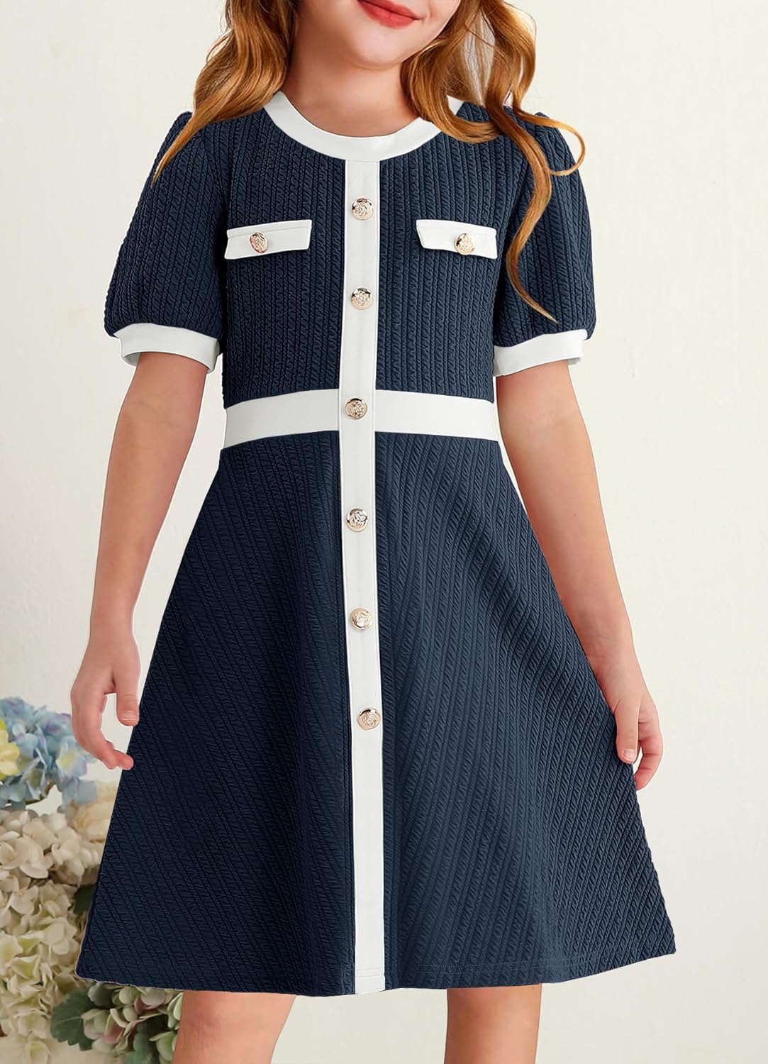YOVION Girls Summer Dress Puff Sleeve Crewneck Button Color Block Casual Party Dresses with Pockets for 6-12 Y