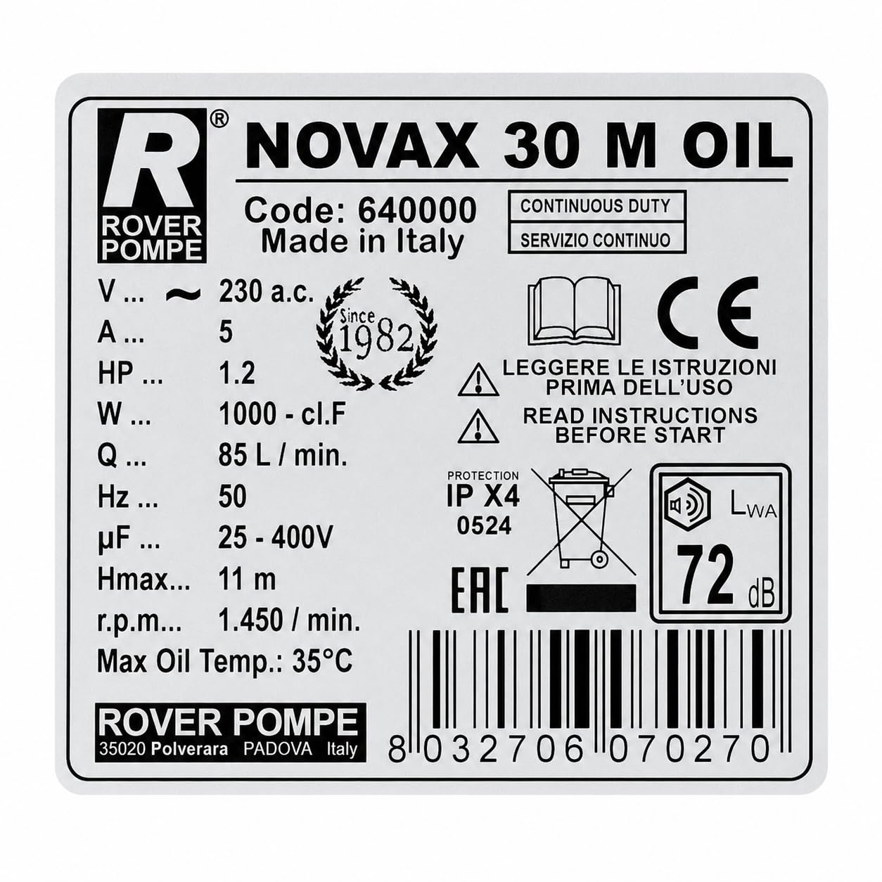 ROVER POMPE 640000 ELETTROPOMPA TRASIEGO OLIO NOVAX 30M Oil, 1000 W, 230 V, 310 x 150 x 210 MM