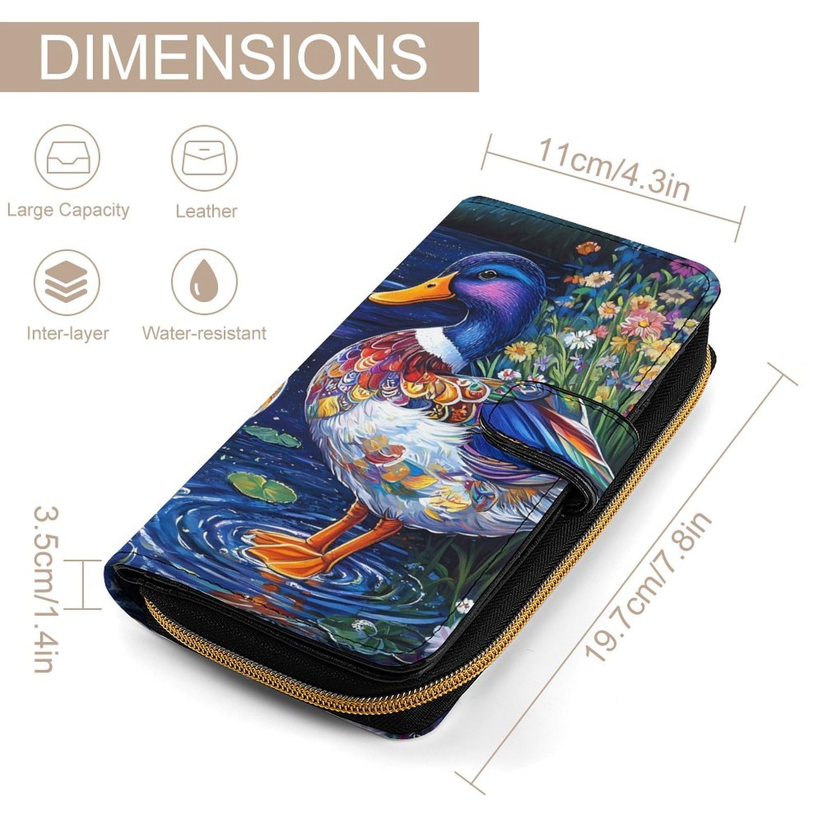 Mallard Duck Print Bird Long Wallet PU Leather Credit Card Holder Durable Zippered Purse Clutch Wallet