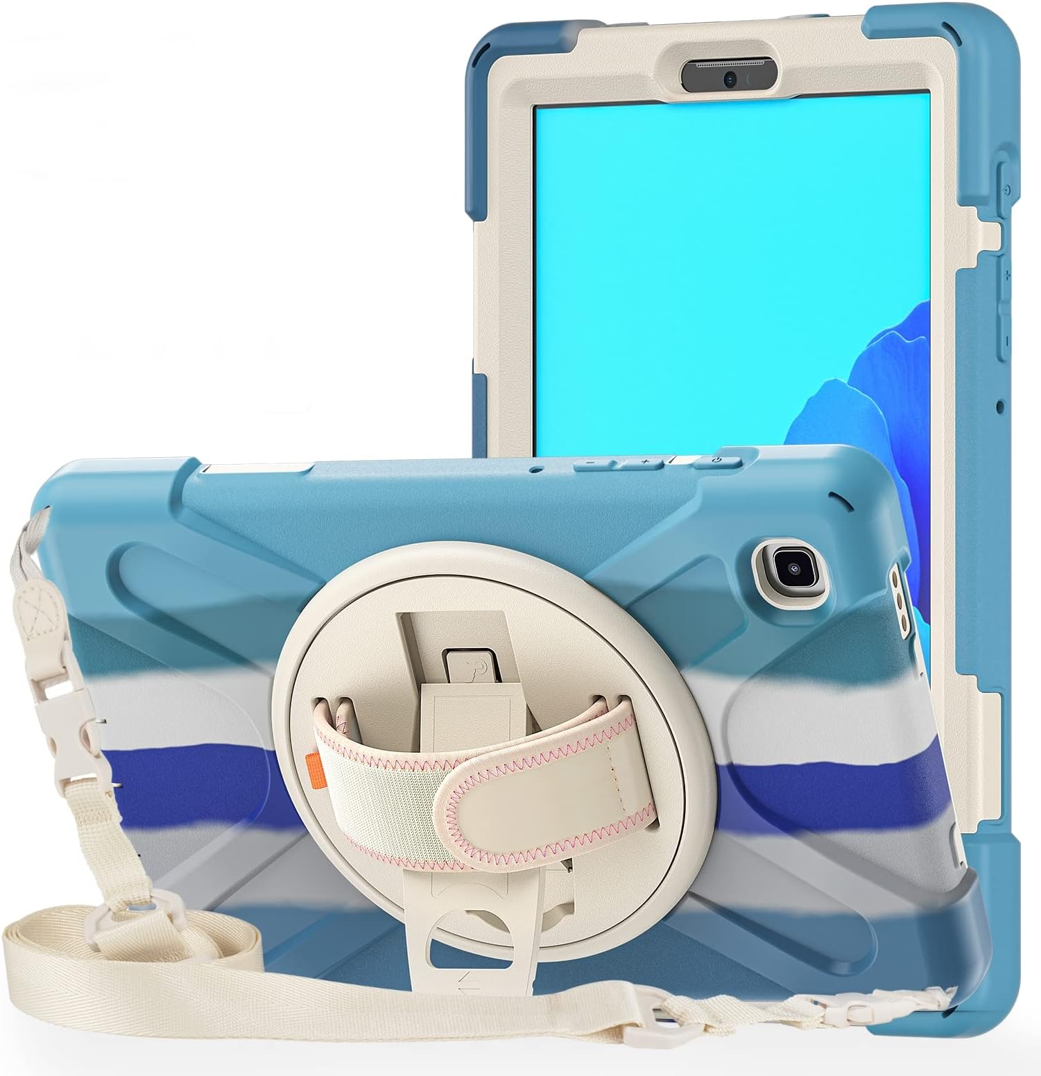 Rugged 3 Layer Armor case Cover for Samsung Galaxy Tab A7 Lite 8.7" SM-T225/T220 Hand Grip and Rotating Kickstand, Rainbow Blue