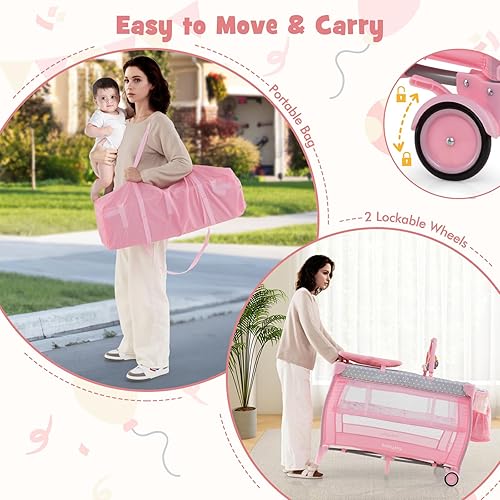 Miniatura 9 de BABY JOY 3 en 1 portátil Pack and Play con moisés, cuna de viaje convertible para bebé con cambiador, rueda de freno, Napper recién nacido con