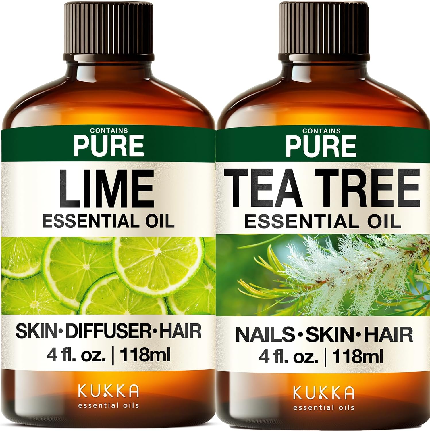 Lime Essential Oil for Skin & Tea Tree Oil for Skin Set - Aromatherapy Grade Essential Oils Set - 2x4 fl oz - Kukka