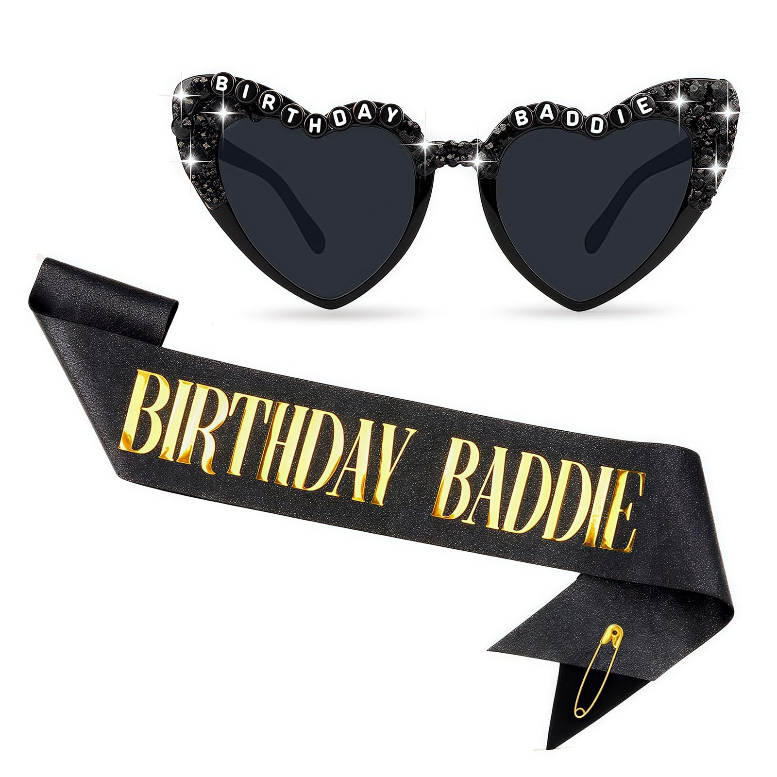 Ficopano Birthday Sash and Sunglasses Set, Birthday Baddie Sash, Heart Sunglasses, for Women Birthday Parties and Photo Shoots, (Black/Gold, One Size)