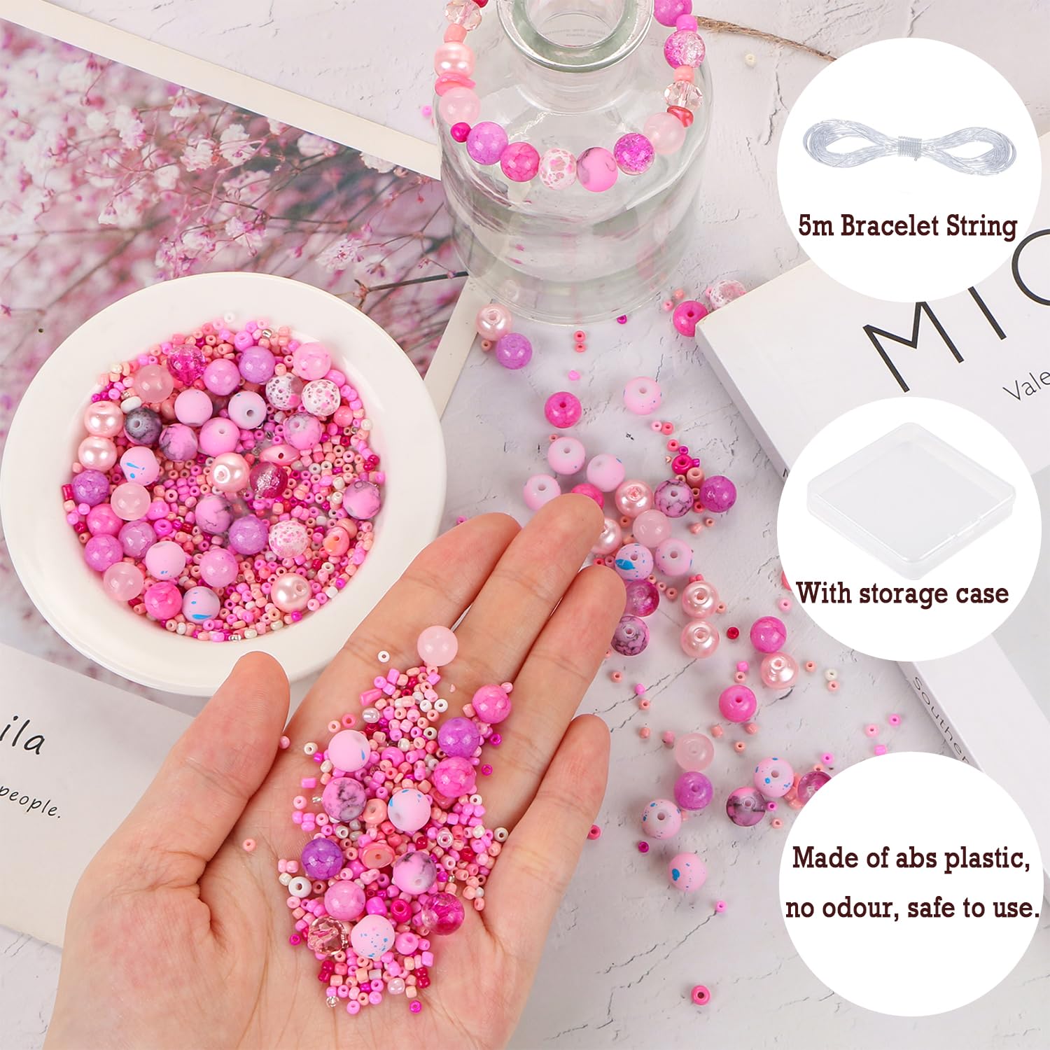 UHOMENY Mixed Colour Glass Crystal Round Spacer Beads for Bracelet Jewelry, Necklace, Key Chains, Earring Making Crafts (Pink) - Image 3