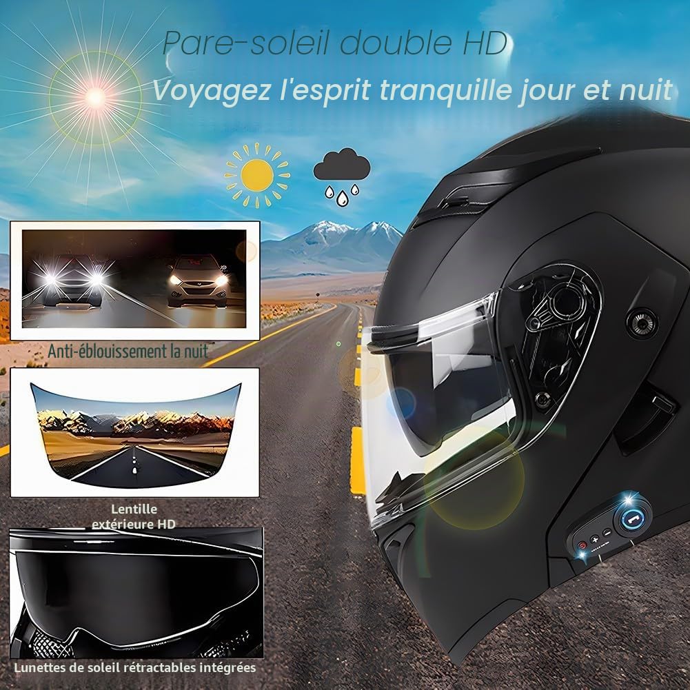 Casque Moto Homme Femme Casque Moto modulable Double Visière Adultes Casque Bluetooth Modulable Moto Intégral pour Scooter Chopper Homologué ECE - Casque Street Cyclomoteur Racing