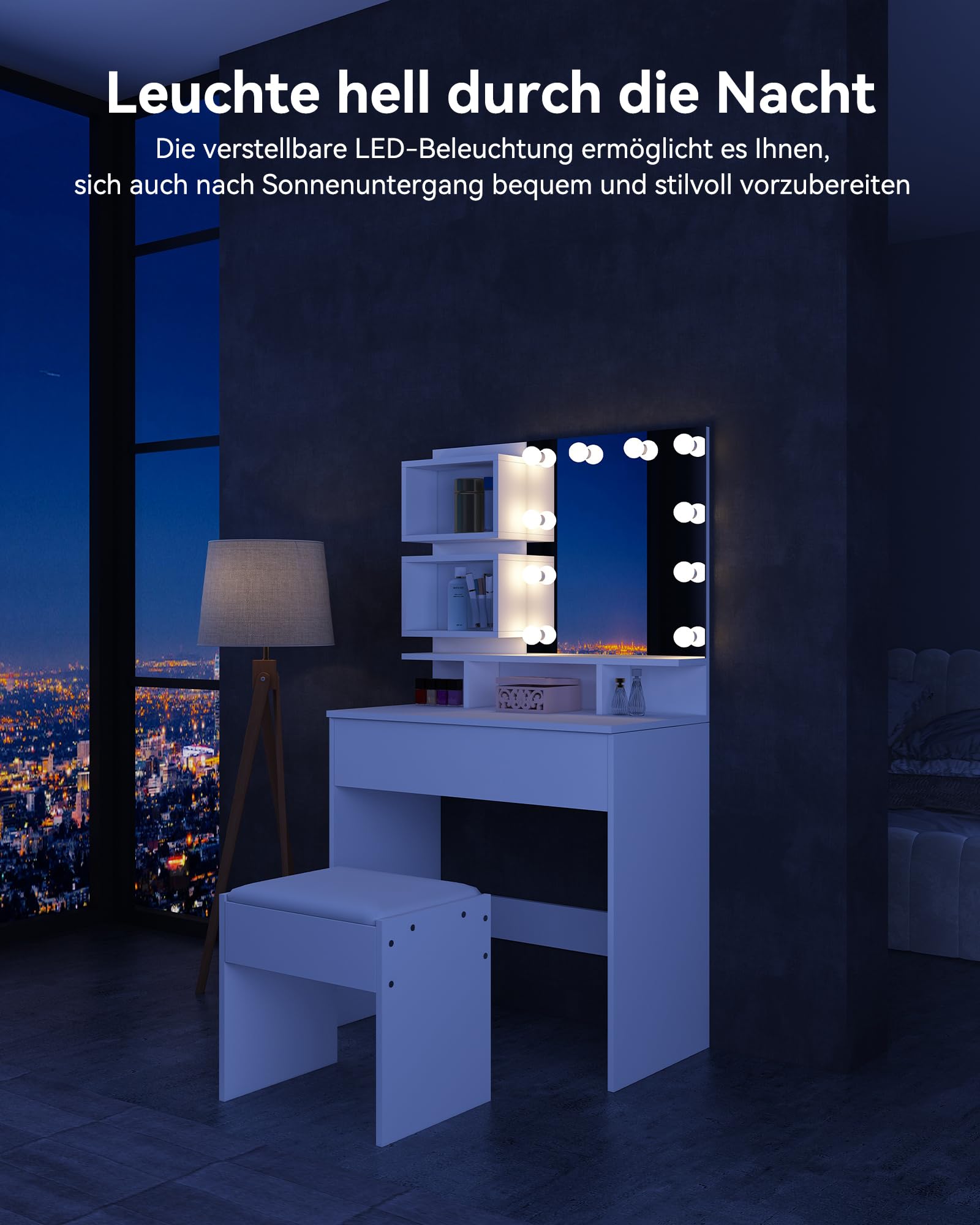 Schminktisch mit Beleuchtung und Hocker, Frisiertisch mit Spiegel 3 einstellbare Lichtfarben einstellbare Helligkeit, Kosmetiktisch mit Große Schubladen, 5 offenen Fächern, Weiß