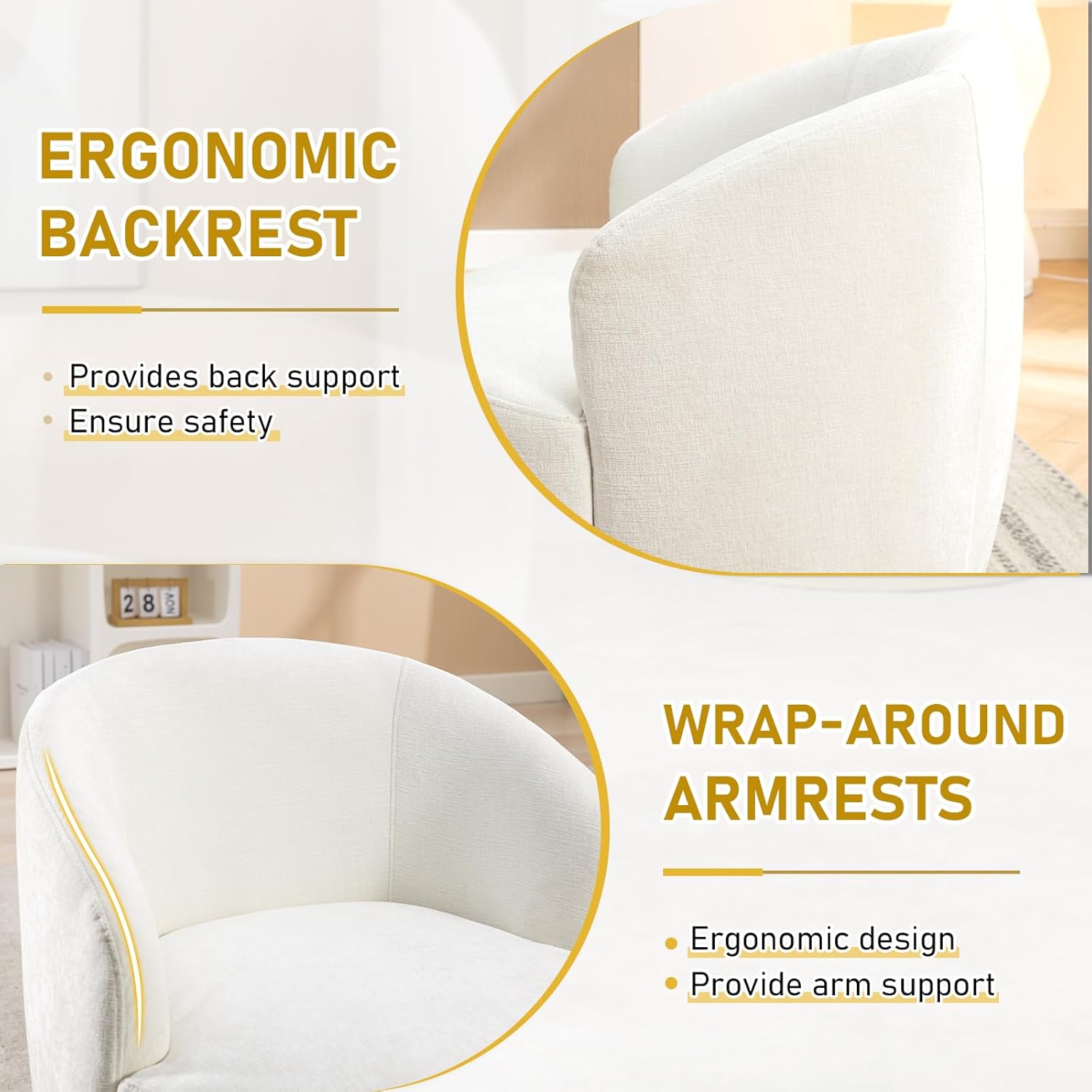 Swivel Accent Chair,360 Degree Chenille Small Swivel Barrel Chair,Upholstered Comfy Arm Chair,Modern Round Swivel Bucket Chair,Single Sofa Chair for Living Room,Bedroom,Nursery(Ivory)