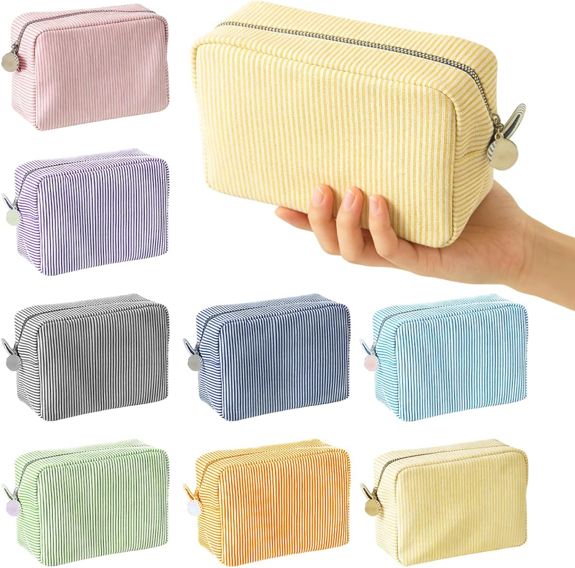 8 Pack Seersucker Cosmetic Bag Bulk Pinstripe Makeup BagToiltery Oraganizer Cute Travel Preppy Storage Pouch Cosmetic Bags for Women Suitable for Bridesmaid Gifts(Large)