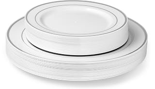 Laura Stein Designer Dinnerware Set of 40 Premium Plastic Wedding/Party Plates: White, Silver Rim. Set Includes 20 10.75" Dinner Plates & 20 7.5” Salad Plates | Classic Series