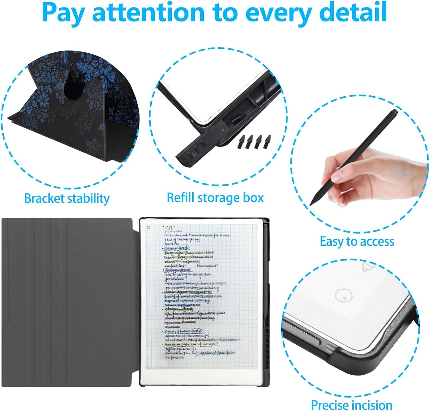 Rotating Case for 11.8" Remarkable Paper Pro Tablet (2024 Released) Lightweight and Hard Back Shell Protective Book Folio Cover,Auto Sleep/Wake,Pen Holder and Pen Tips Box (Blue Flowers) image 3