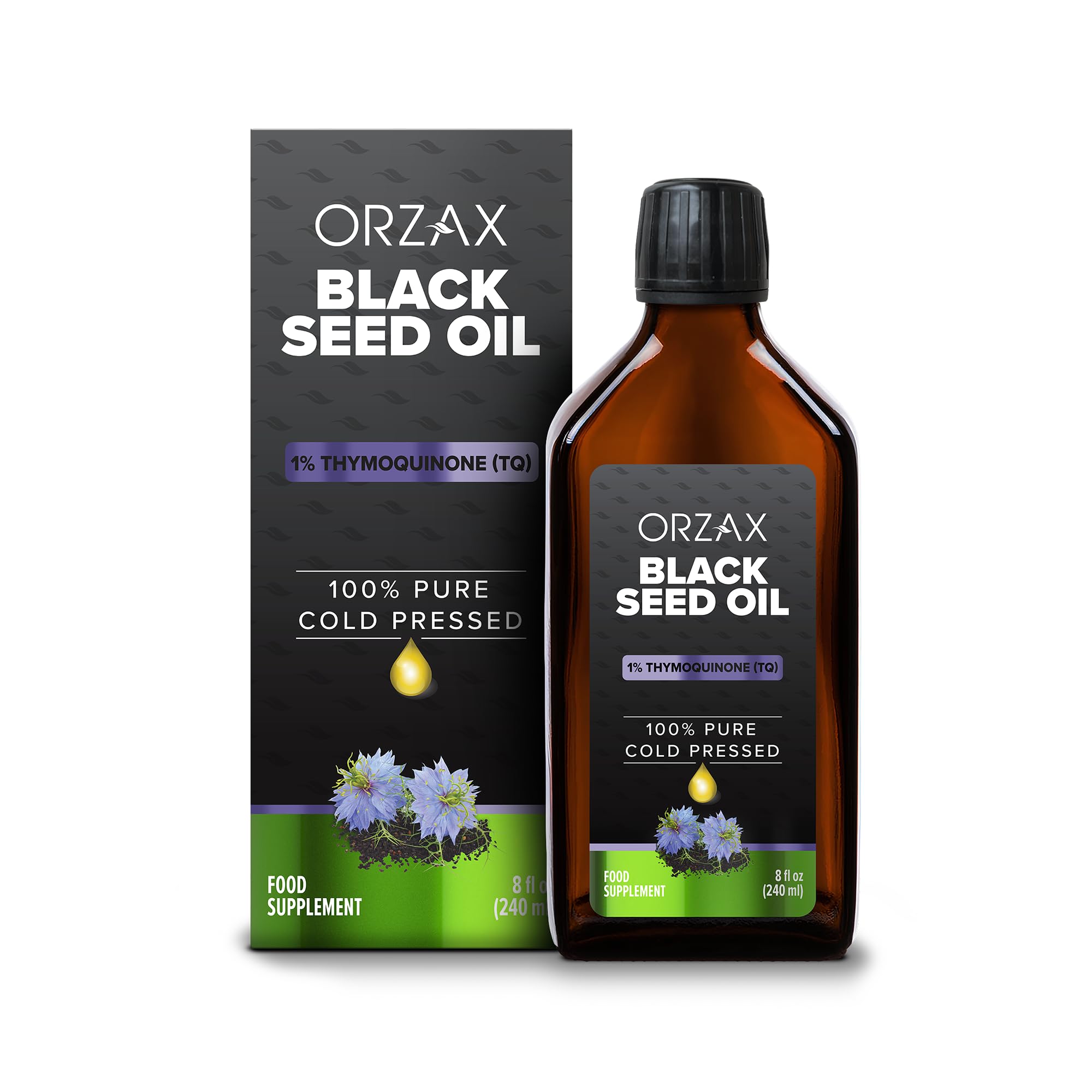 ORZAX 5000 mg Black Seed Oil Organic Cold Pressed Drops with 50 mg Thymoquinone for Immune Support, Good Hair, Skin, and Joints 240 ml