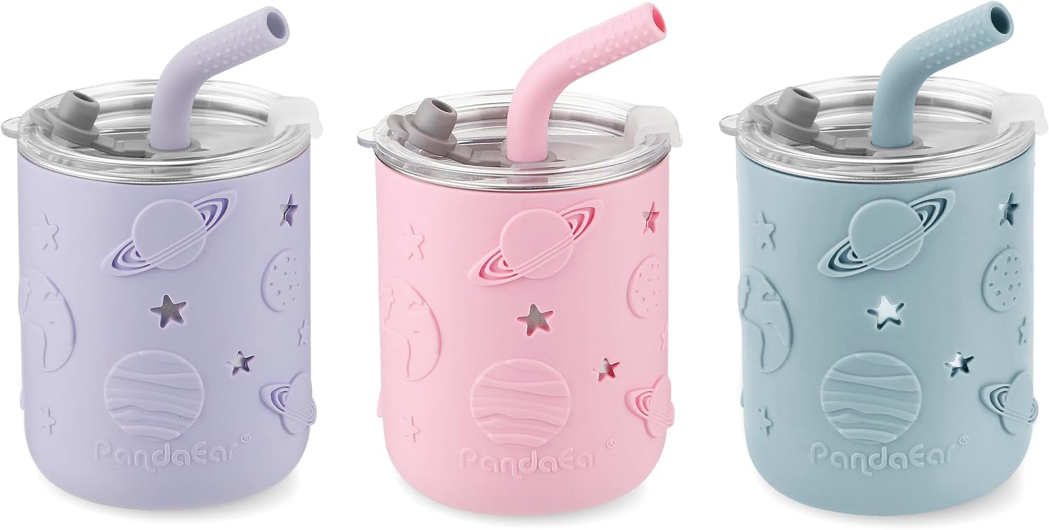 PandaEar 3 Pack Stainless Steel Toddler Cups with Lids & Silicone Sleeves, Stainless Steel Toddler Tumbler with Straw Stopper, 8.8 oz (Pink/Blue/Purple)