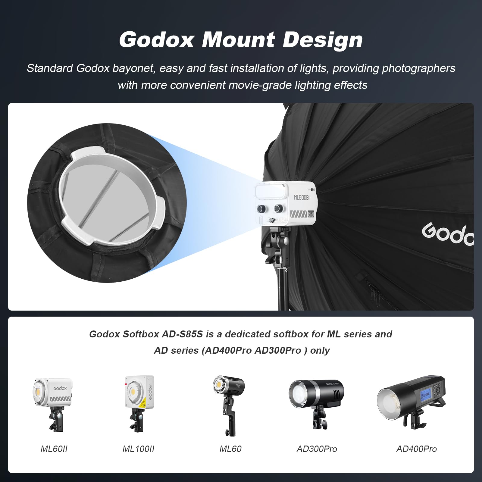 Godox AD-S85S Godox Mount Softbox 85 cm Boîte à lumière avec grille diffuseurs réflecteurs Sac de transport pour flash stroboscopique AD400 Pro AD300 Pro et ML100bi ML100RGB ML60 ML60Bi ML60II Bi ML30