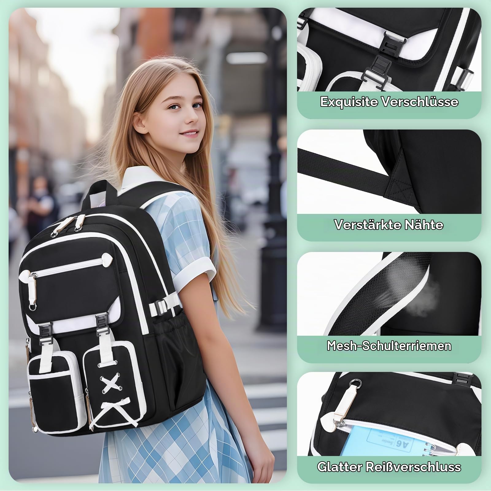 Tanou Schulrucksack Mädchen Teenager 3-tlg für Schule Reisen, Weiß Schwarz | Lässiger Schulranzen mit Lunchpaket Mäppchen für Mädchen 3. bis 7. Klasse, Stilvoll Mehrere Fächer Kinder Schultasche