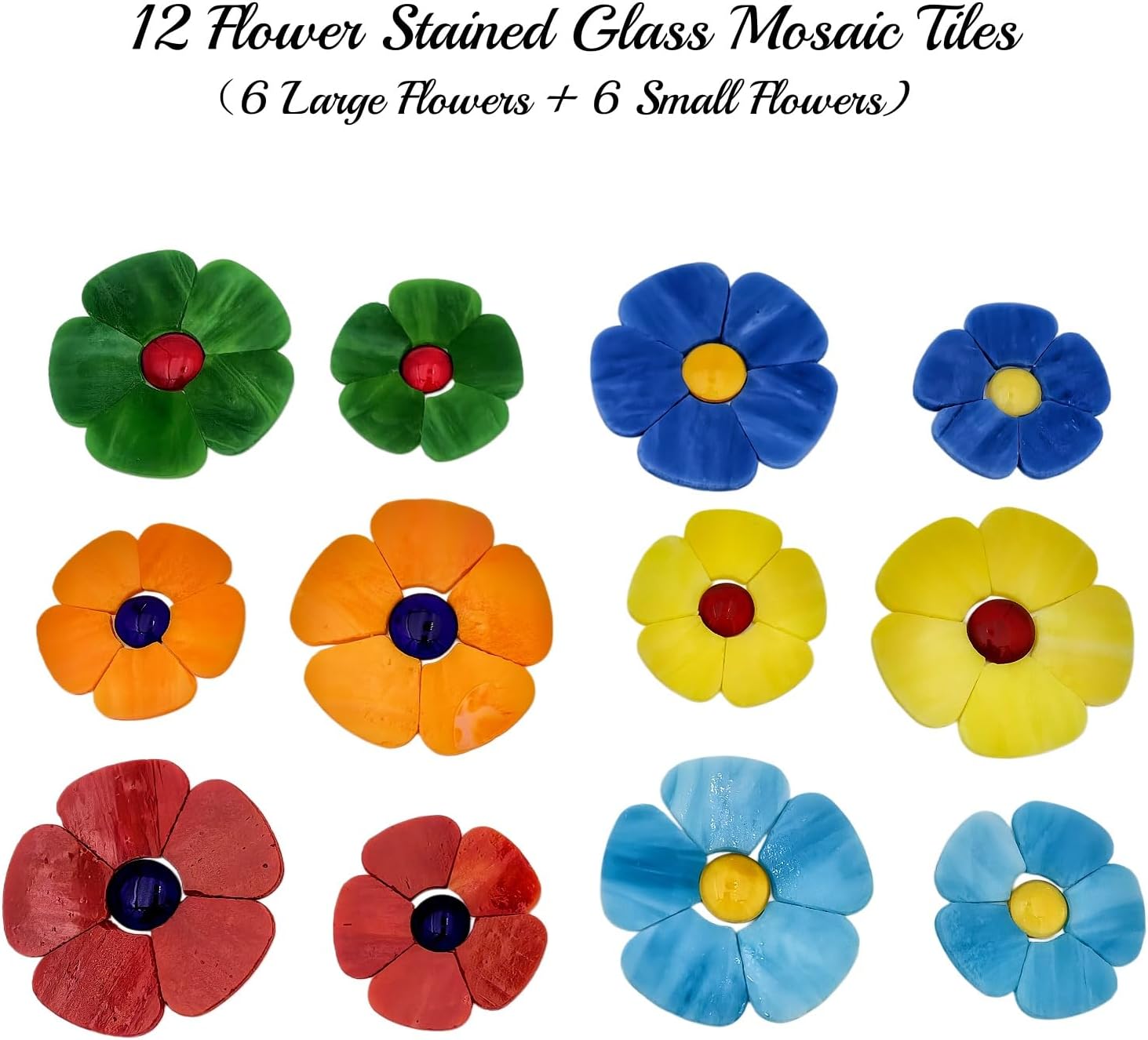 Esweny 12 Flower Stained Glass Mosaic Tiles - 2 Size Floral Petals & Flat Bead Mosaic Glass Pieces for DIY Art Crafts (Mixed Color)
