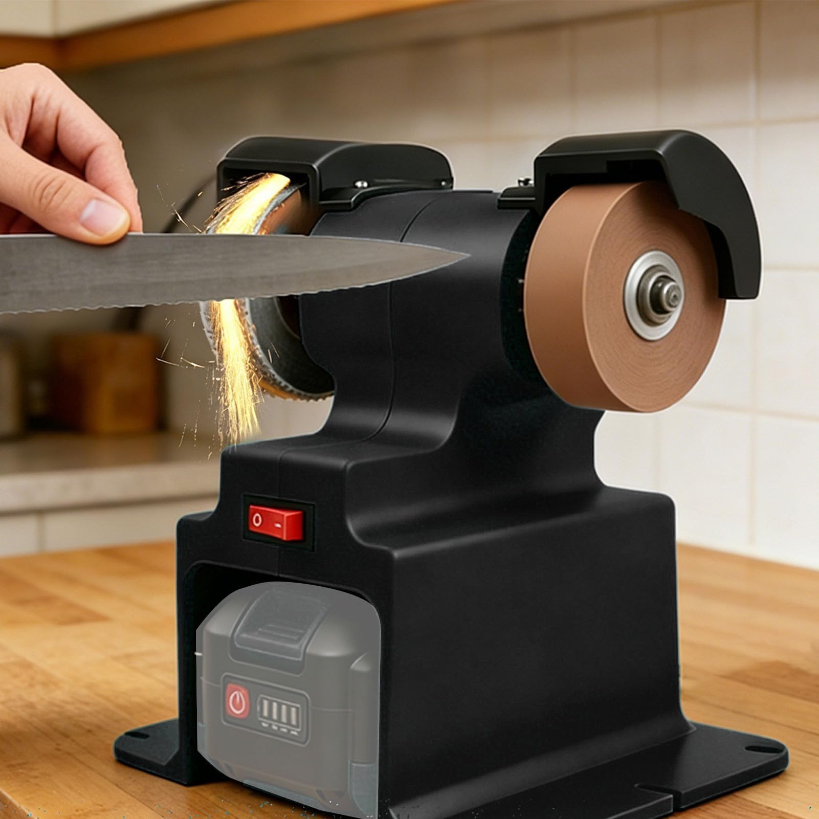 Fafeicy Smerigliatrice e Lucidatrice da Banco a Batteria da 250 W, 7000 Giri/min con 2 Mole Abrasive per Batteria da 18 V, per Levigatura, Affilatura e Lucidatura di metalli.