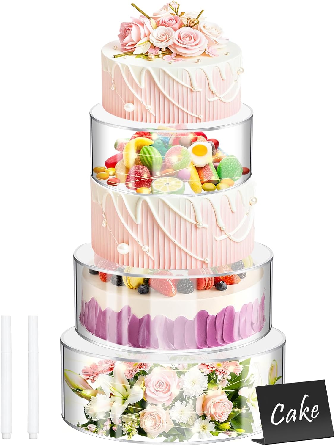 3 Pcs Acrylic Cake Stand Set with LED Lights – 6'', 8'', 10'' Clear Round Fillable Display Risers with 3 Mini Signs & 2 Marker Pens for Wedding, Birthday, Party, Buffet Food and Dessert Display