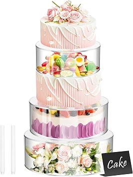 3 Pcs Acrylic Cake Stand Set with LED Lights 6, 8, 10 Clear Round Fillable Display Risers with 3 Mini Signs & 2 Marker Pens for Wedding, Birthday, Party, Buffet Food and Dessert Display