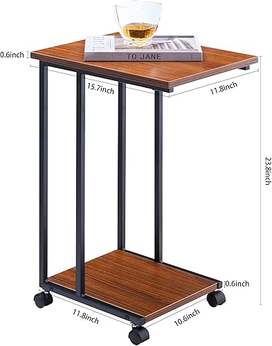 Miniatura 19 de JJS Mesa lateral C para sofá, sala de estar, mesa de aperitivos que se desliza debajo para espacios pequeños, roble/blanco blanco (Oak/White),Marrón